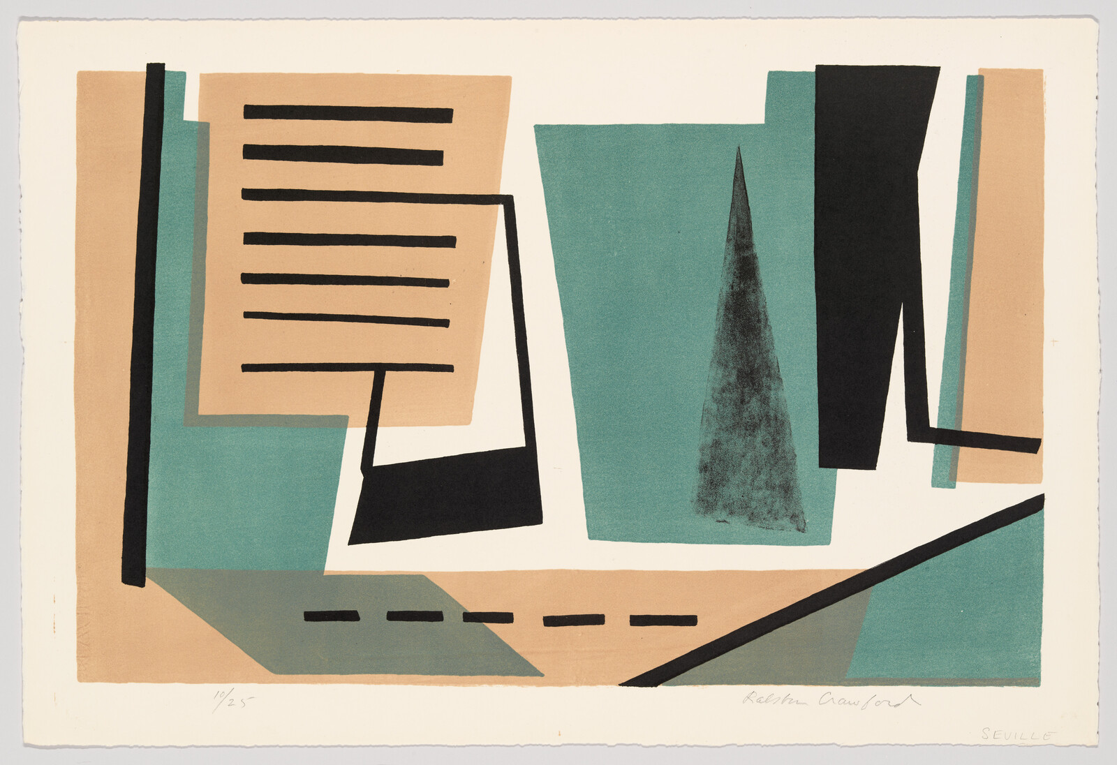 Abstract composition of overlapping teal, tan, and black geometric shapes with a tall dark triangle.