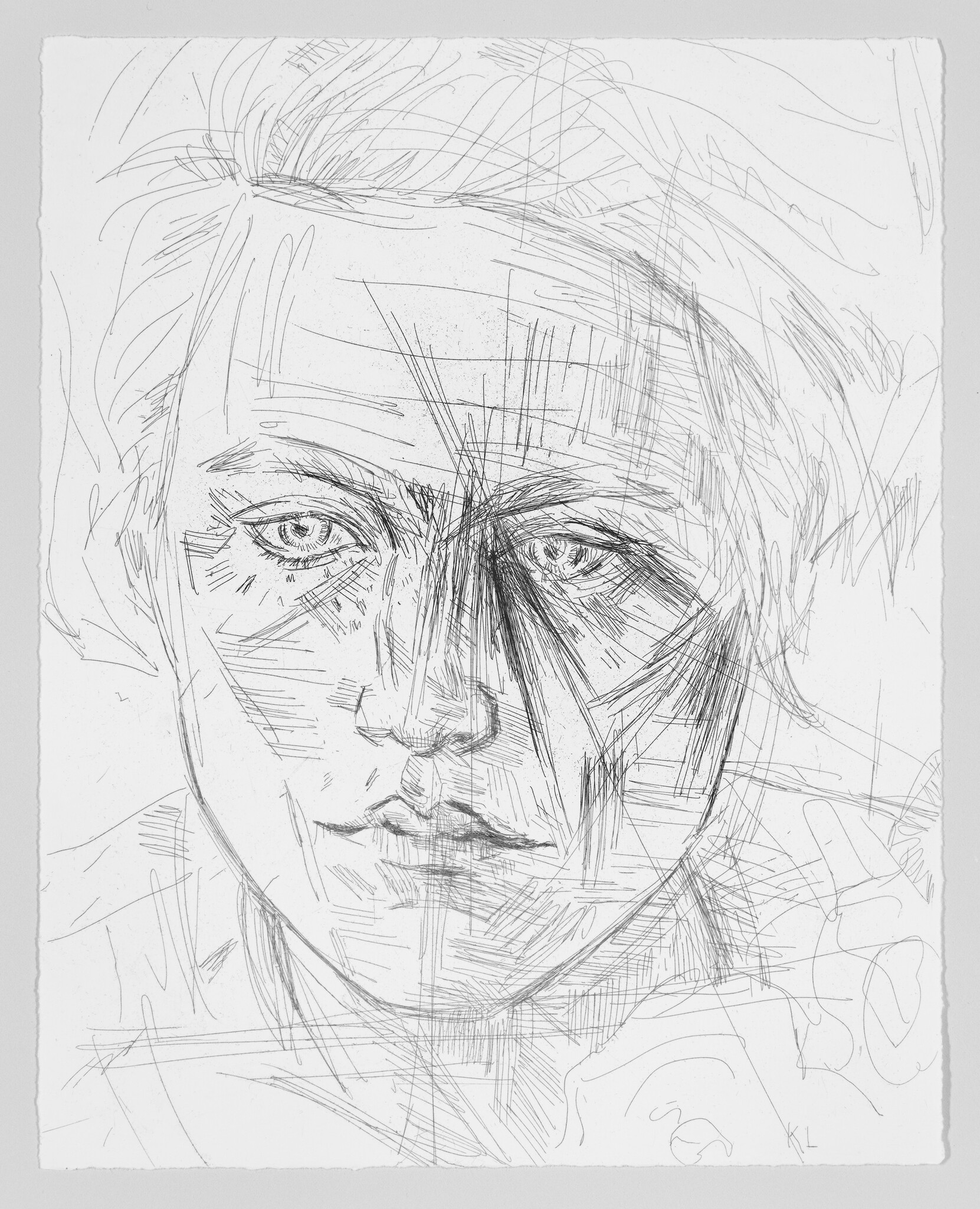 A close-up pen sketch of a young person's face with intense crosshatched shading.