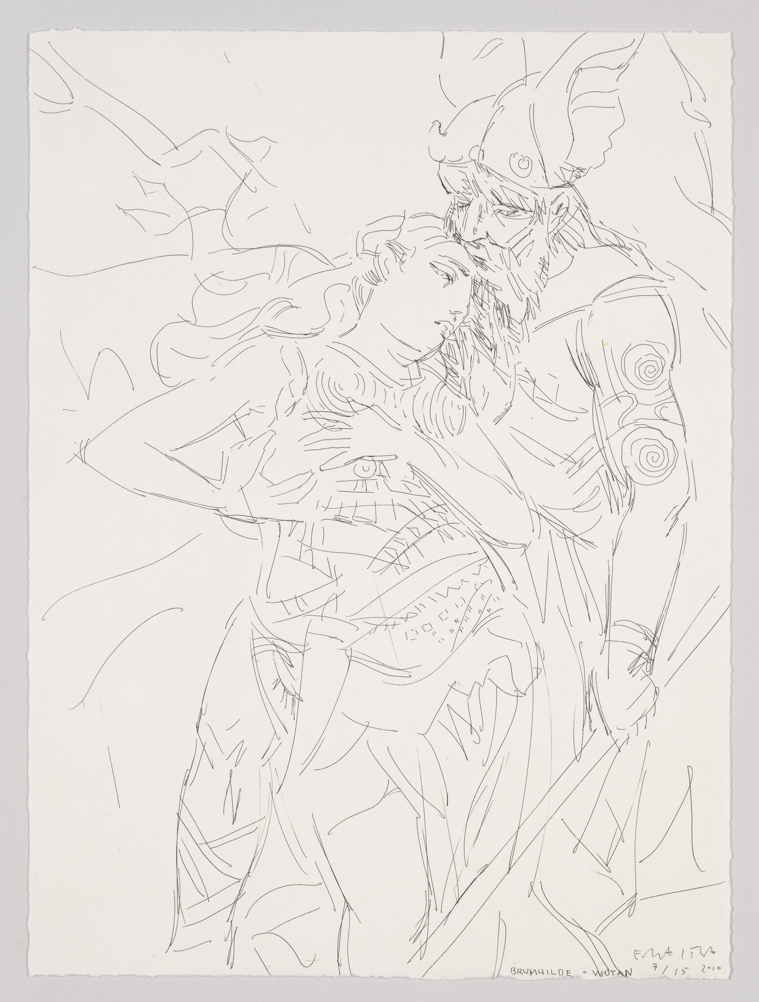 A bearded warrior wearing a horned helmet holds a reclining woman in a tender embrace.