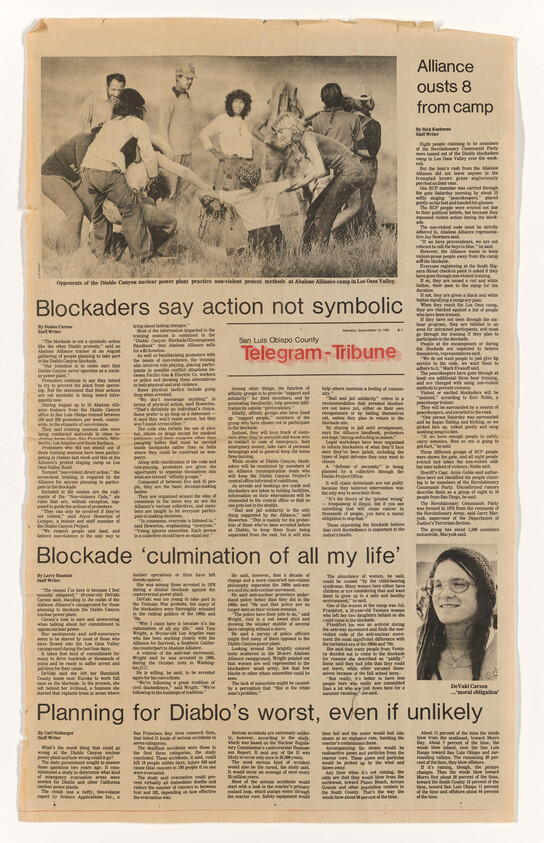 Newspaper front page showing protesters blocking Diablo Canyon nuclear power plant and headline about blockade.