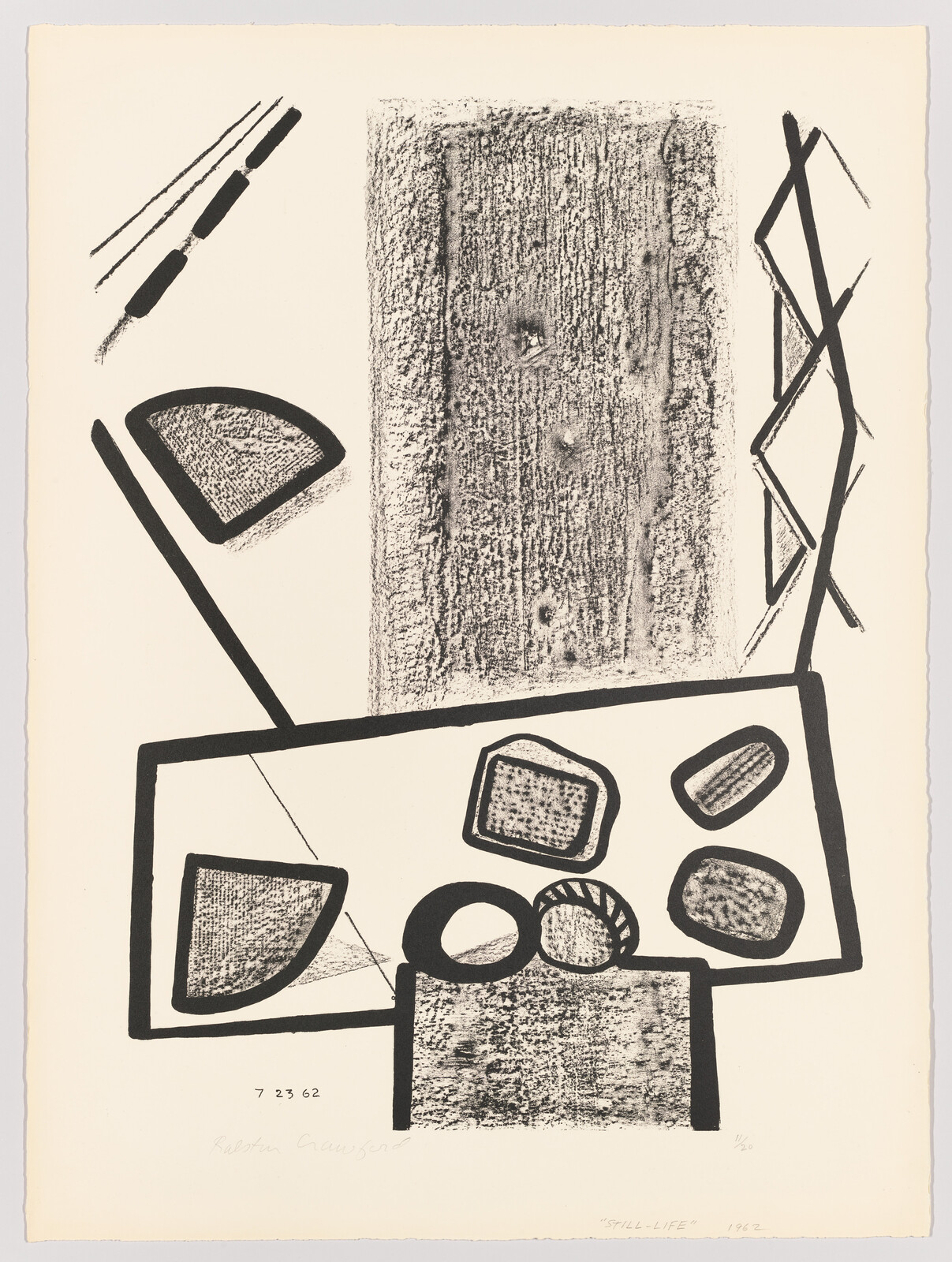 Abstract black-and-white still life with textured vertical panel and geometric shapes arranged on a tilted table.