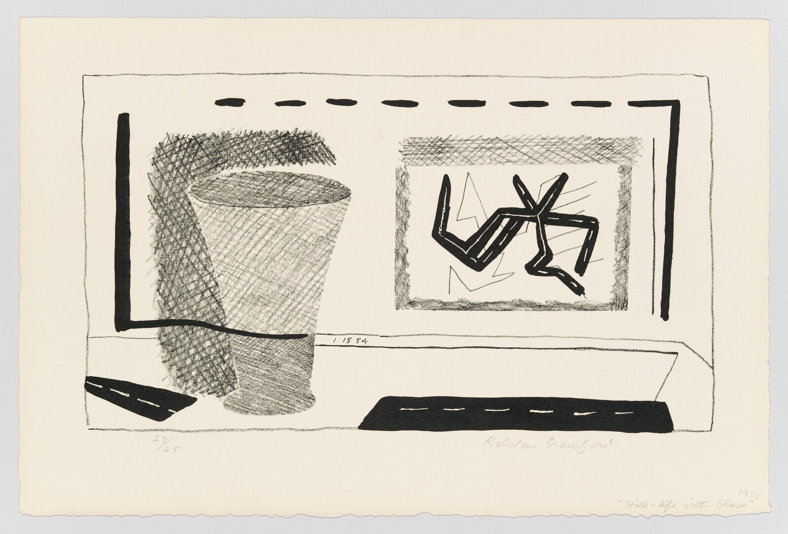 A shaded cup on a table beside a framed abstract drawing and bold black shapes.