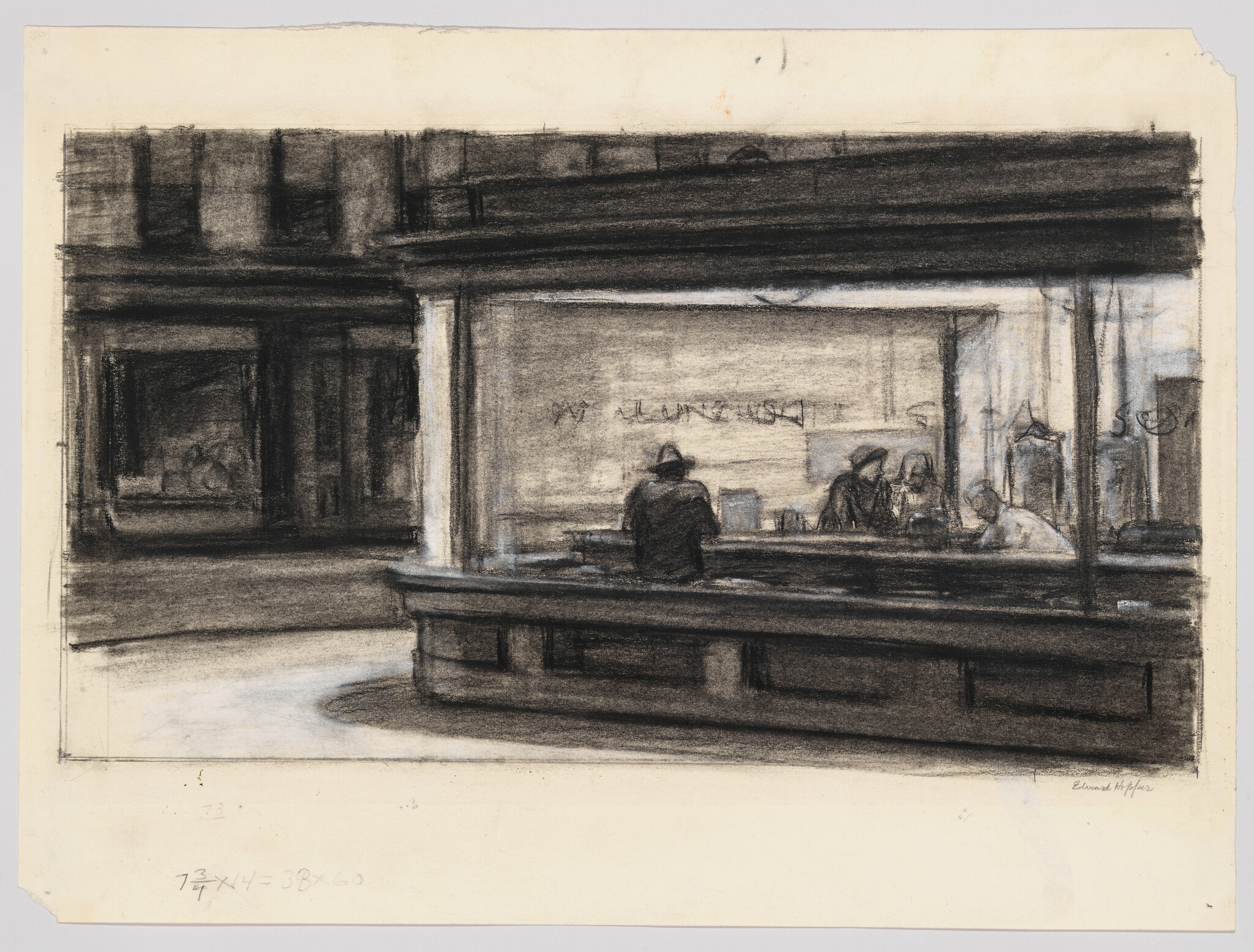Three people sit at a curved diner counter under bright interior lights on a quiet city street.