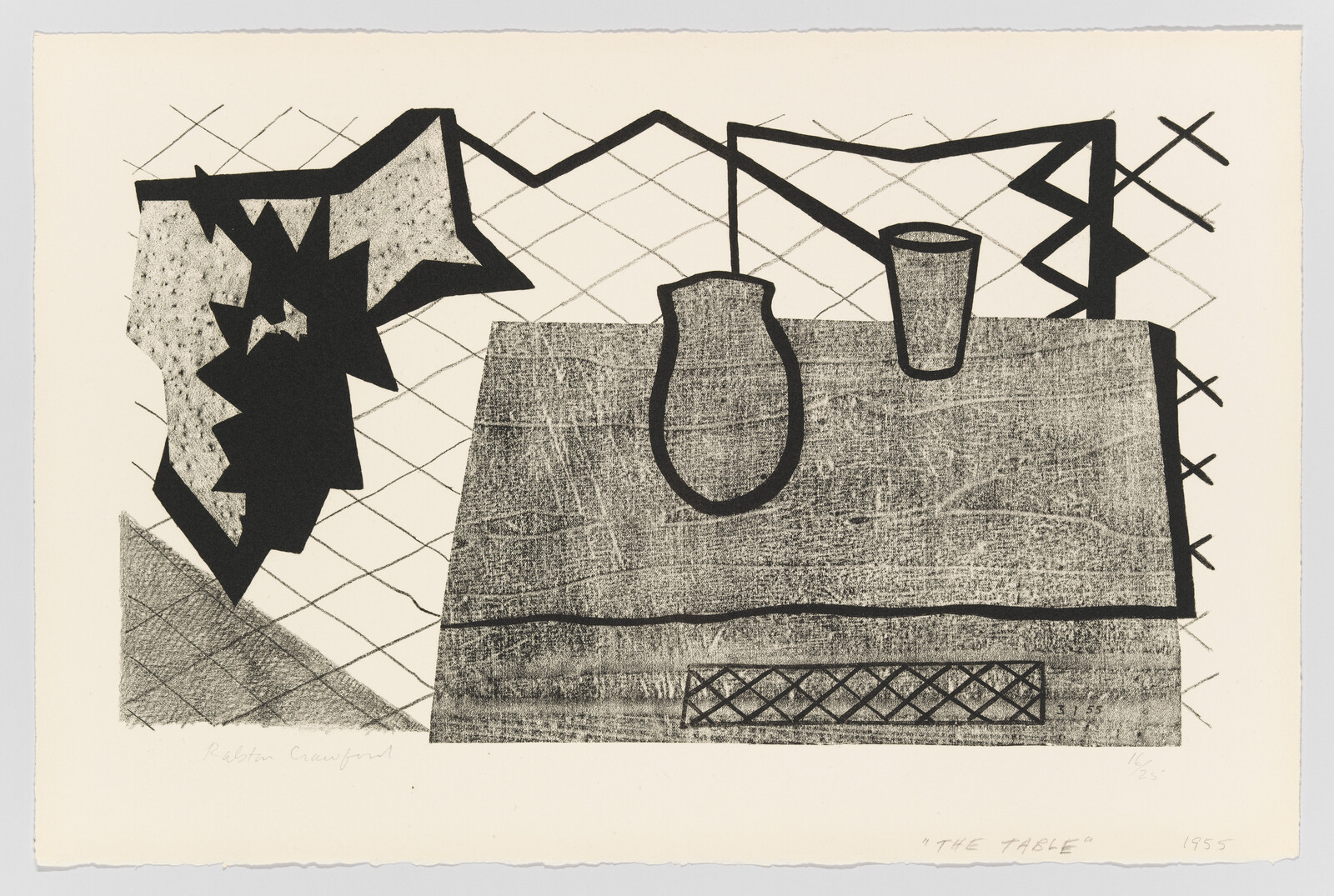 A stylized table with a vase and cup against a crosshatched background and jagged shapes.