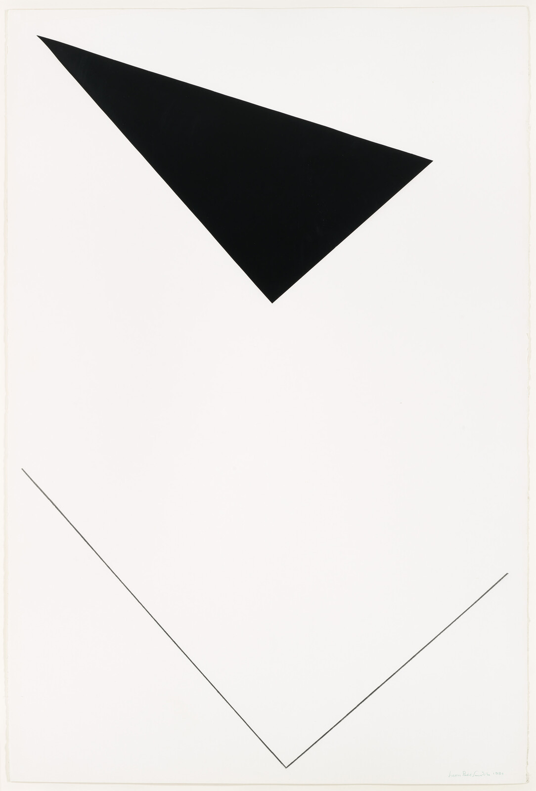 Large solid black triangle points downward above thin V-shaped lines on a white background.