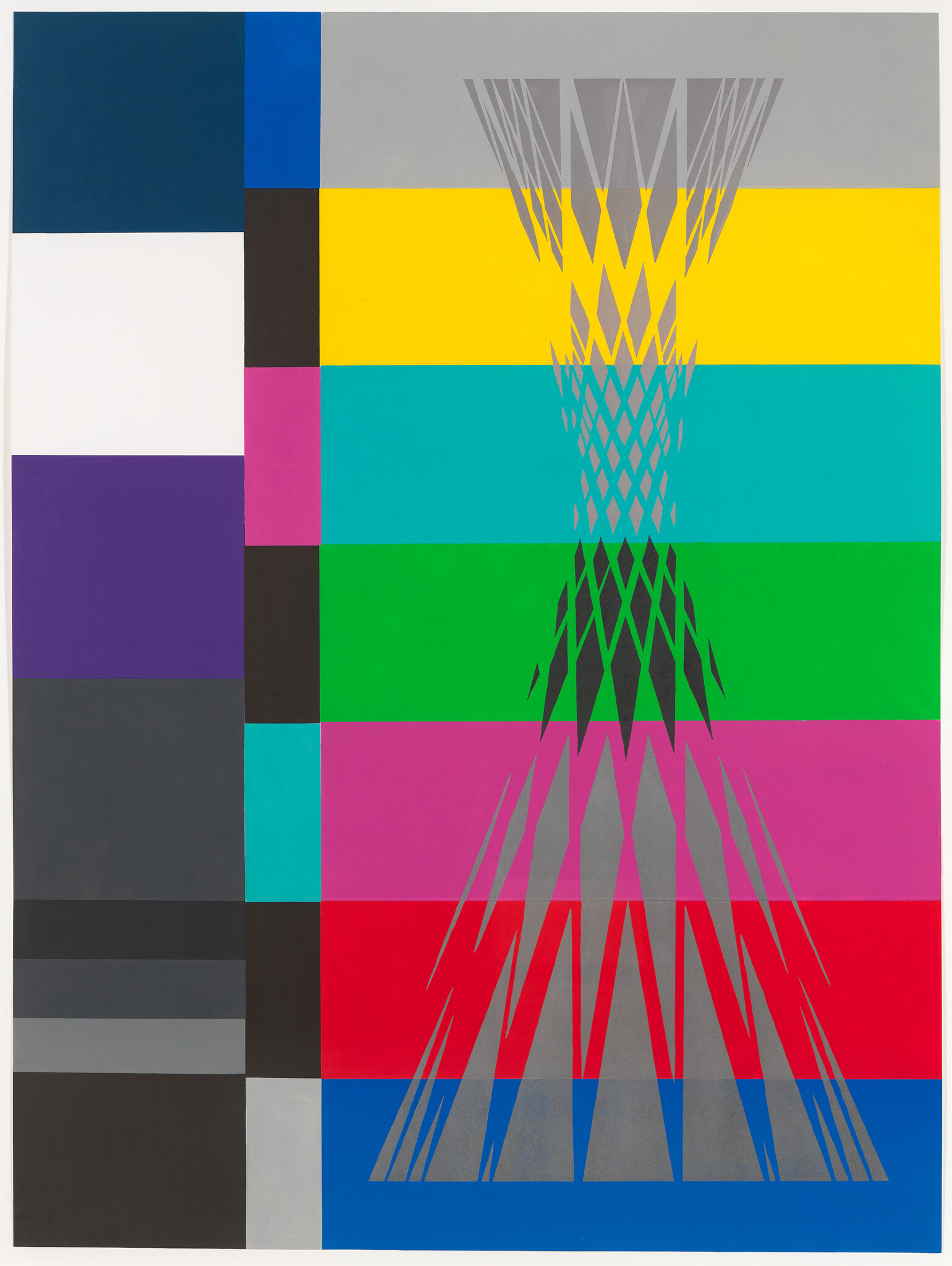 Abstract geometric artwork with horizontal color bands and a central gray lattice forming an hourglass shape.