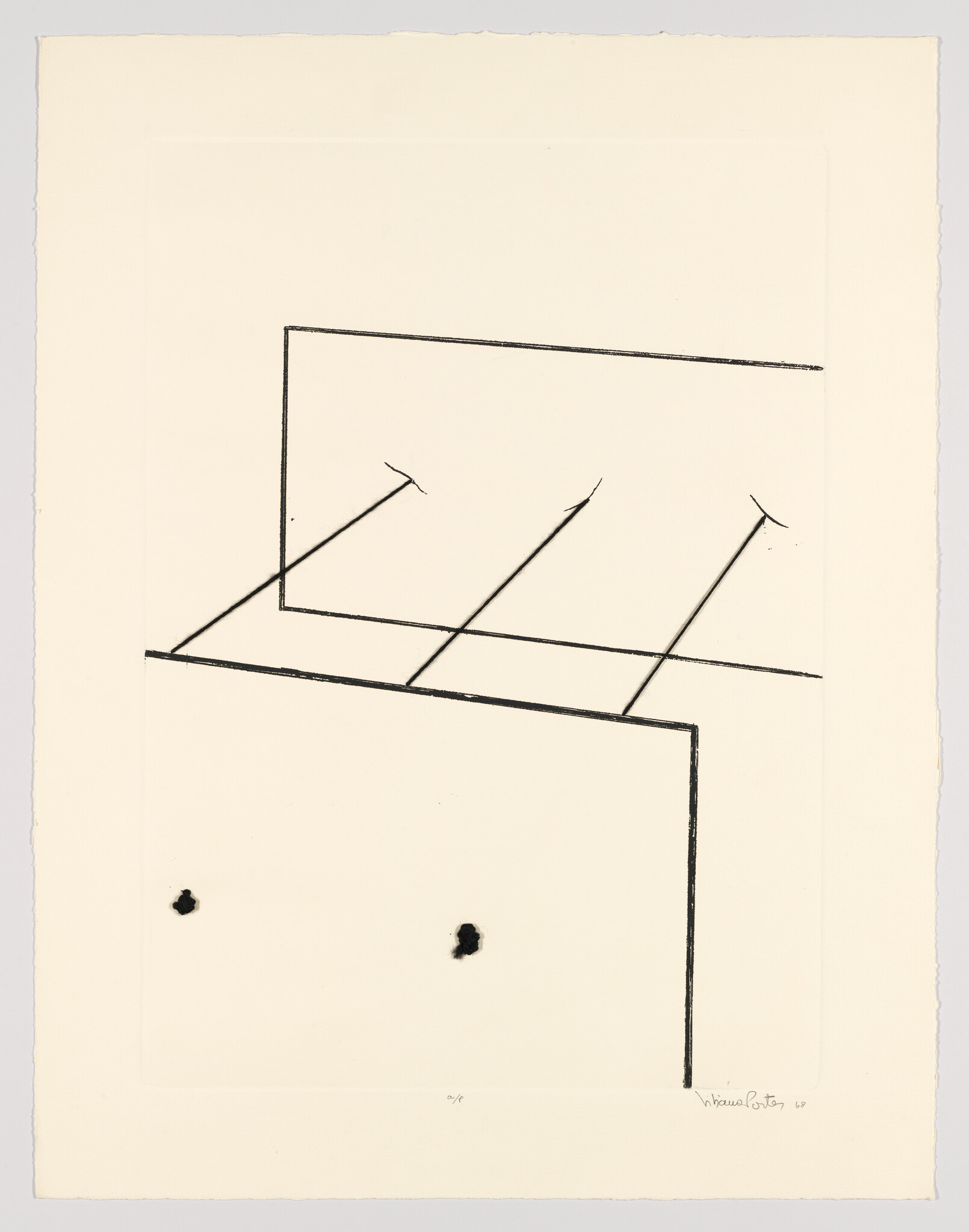 Three thin panels connected by diagonal supports with two small ink blotches below.