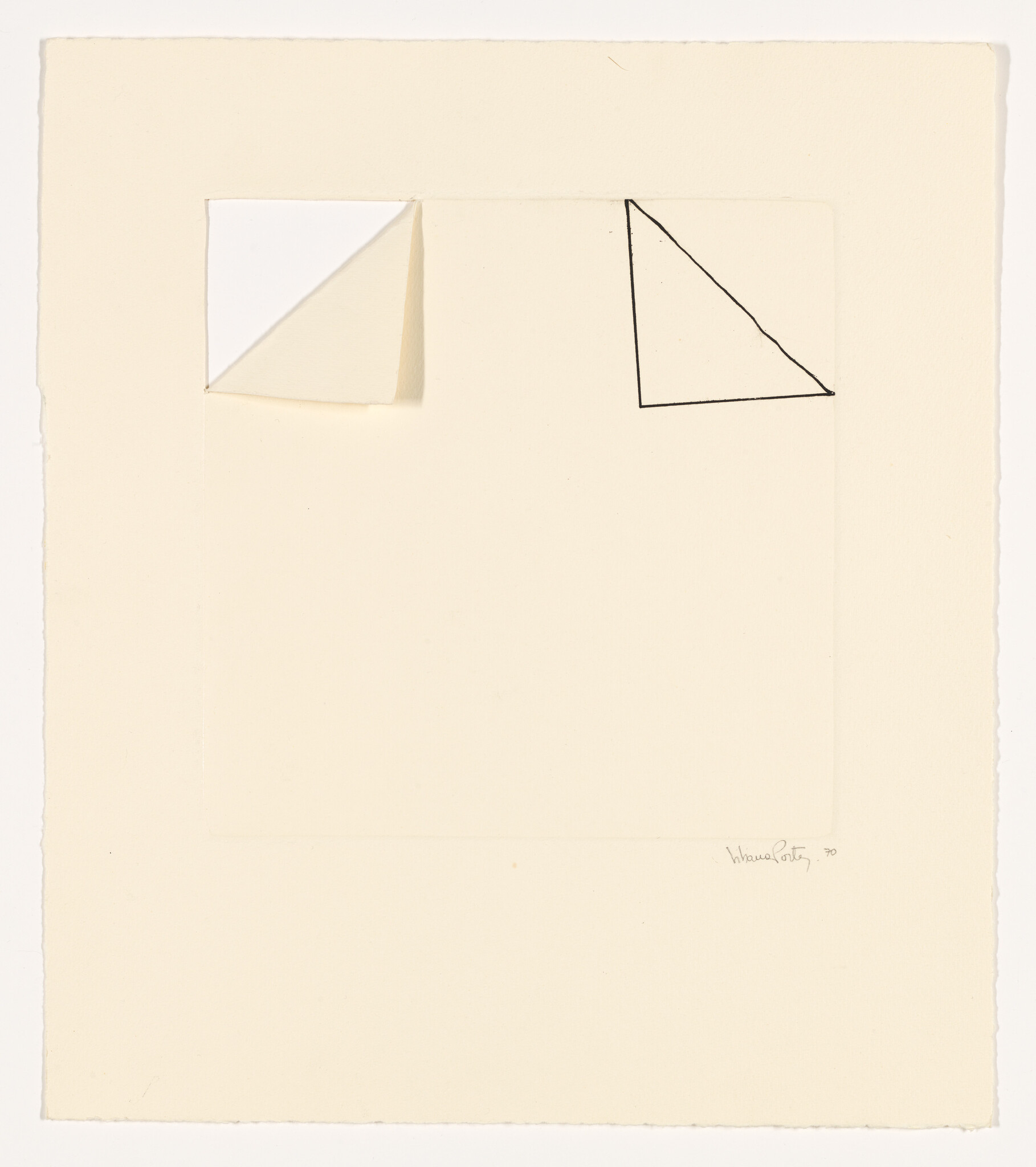 A large cream sheet with a folded upper-left corner and a hand-drawn right triangle.