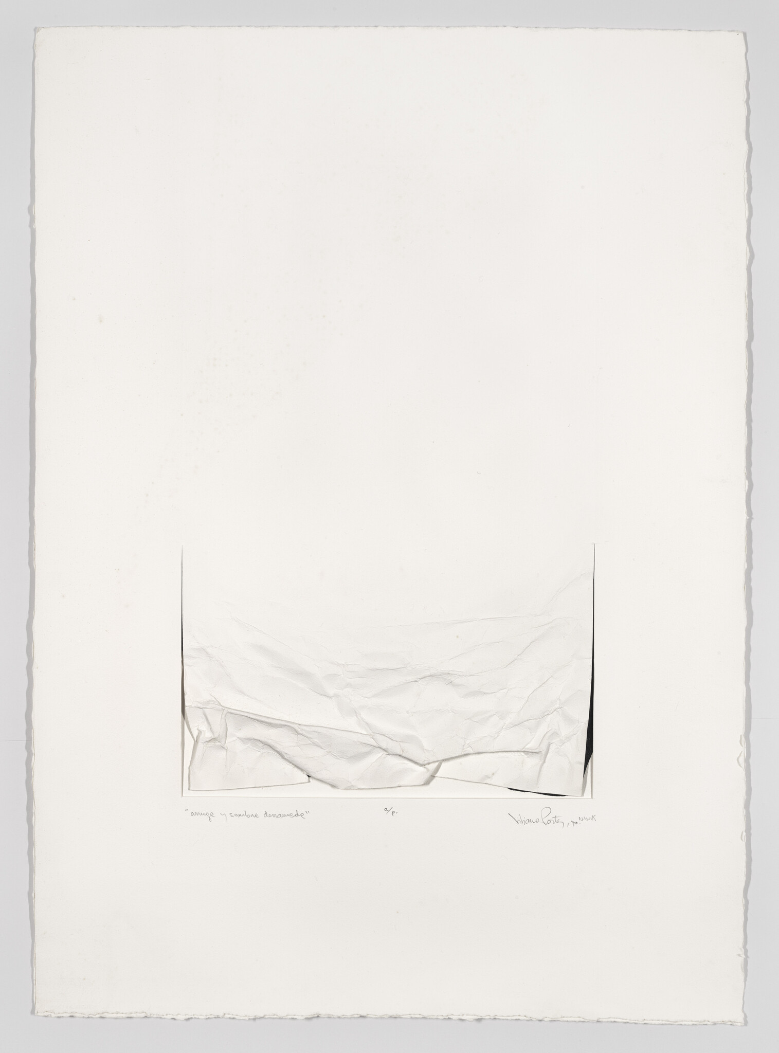 Large white sheet of paper with a rectangular cutout revealing a crumpled white paper inside.