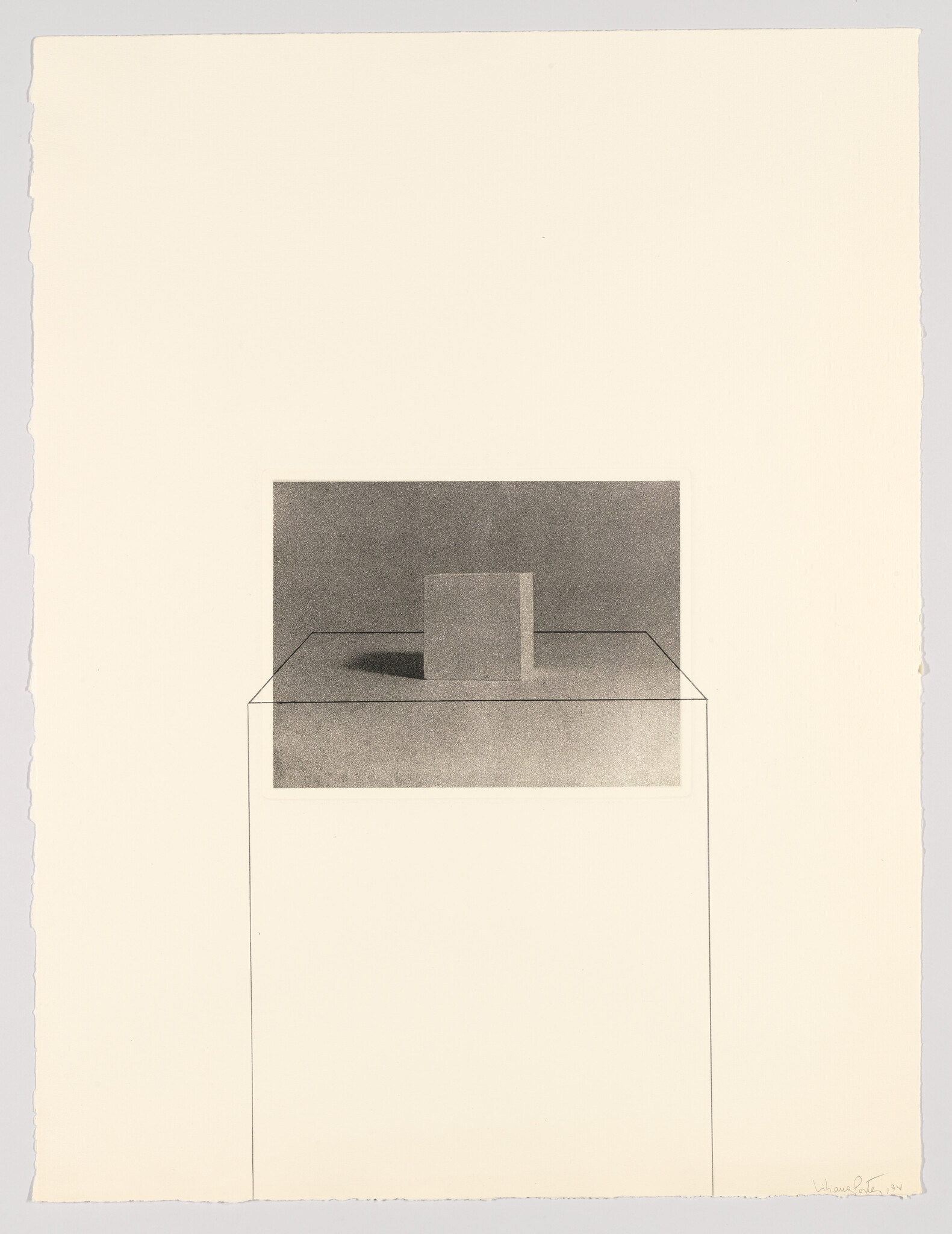 A minimalist drawing of a three-dimensional geometric shape resembling a box with a smaller rectangular protrusion on top, centered on a white background with a rough paper edge visible on the left side. The artwork is signed in the bottom right corner.