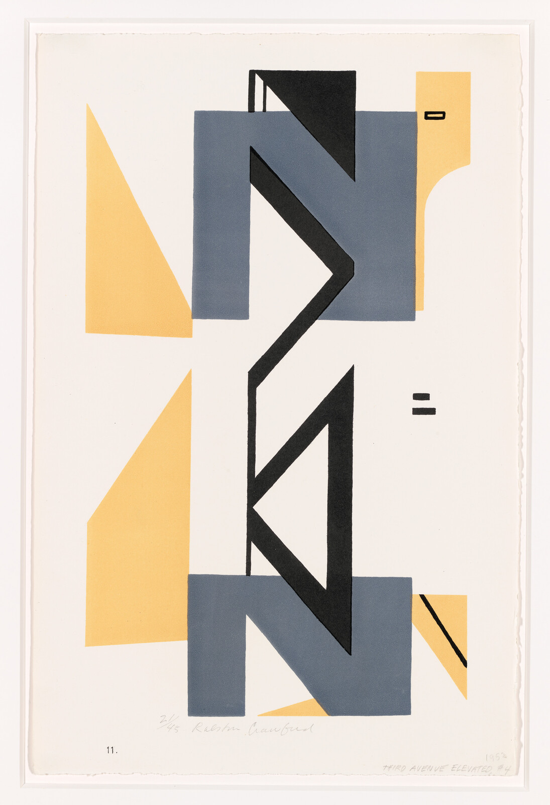 Abstract vertical composition of geometric blue, black, and yellow shapes forming a zigzag pattern.