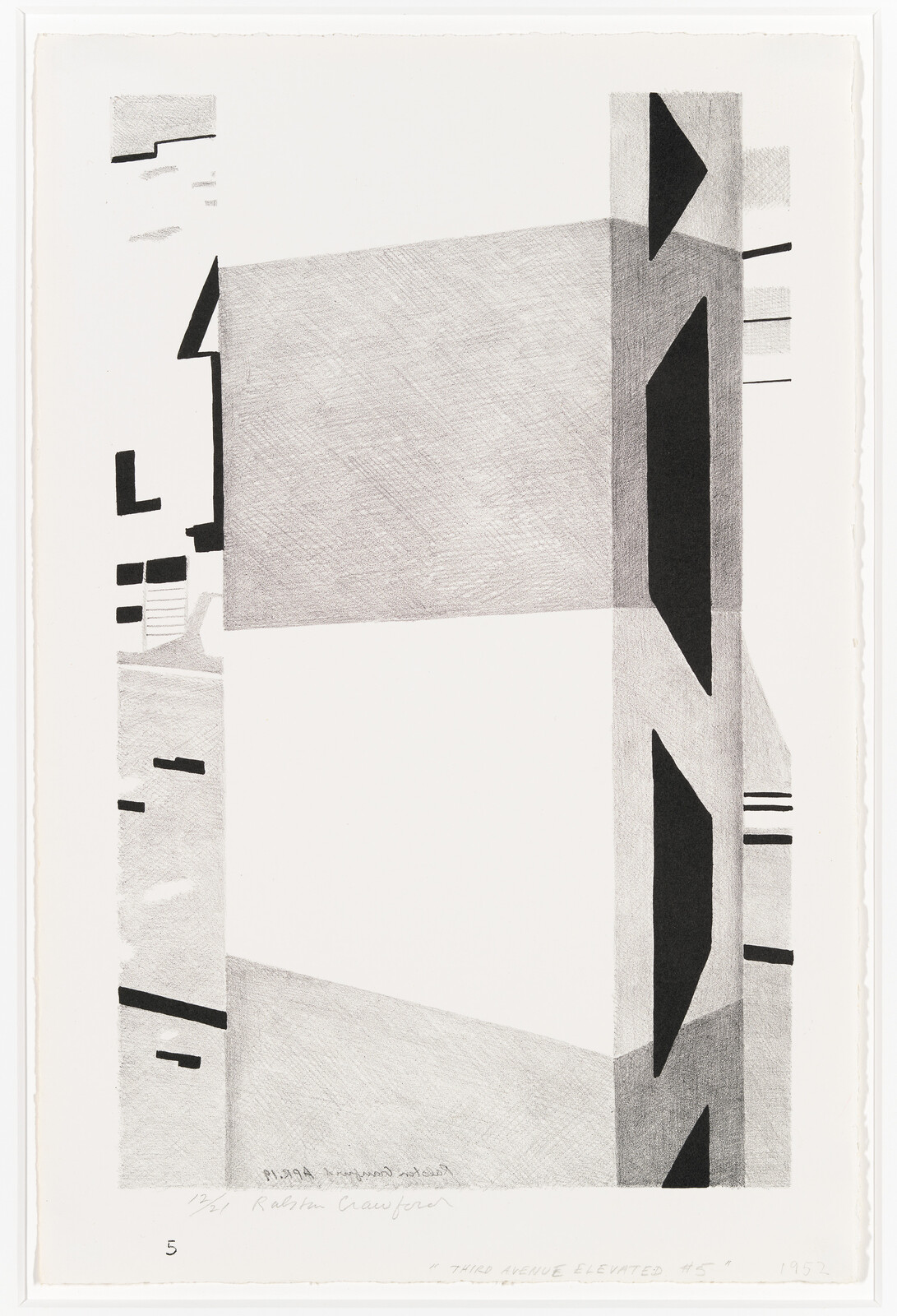 Gray and black geometric shapes suggest an elevated train track framing an empty central space.