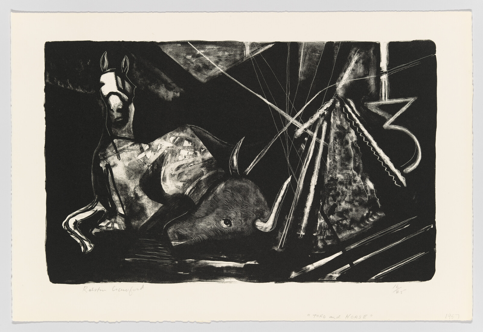 A dark lithograph showing a horse and a fallen bull amid abstract ropes and shapes.