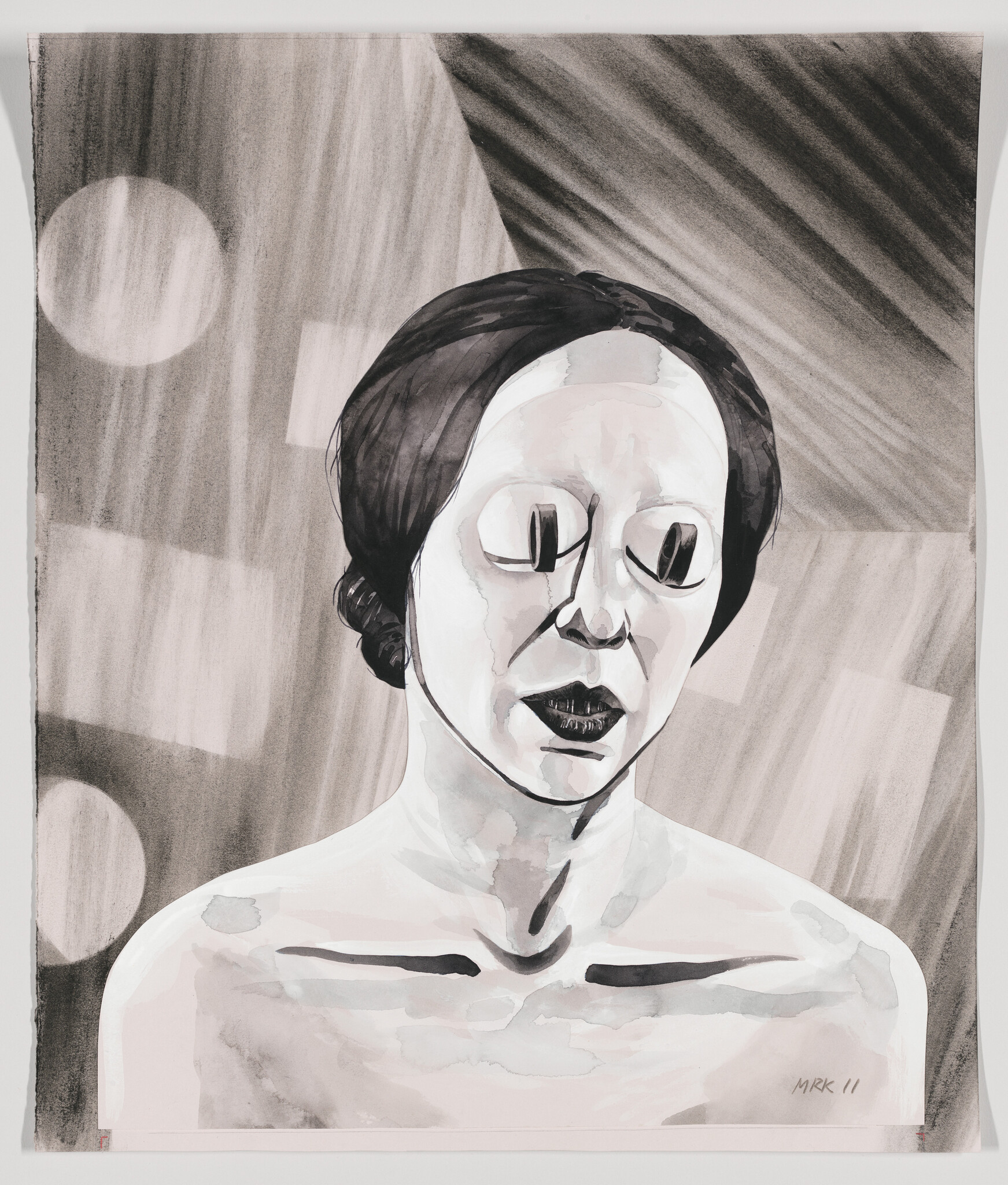 A monochrome stylized portrait of a woman with blank round eyes and a closed mouth.