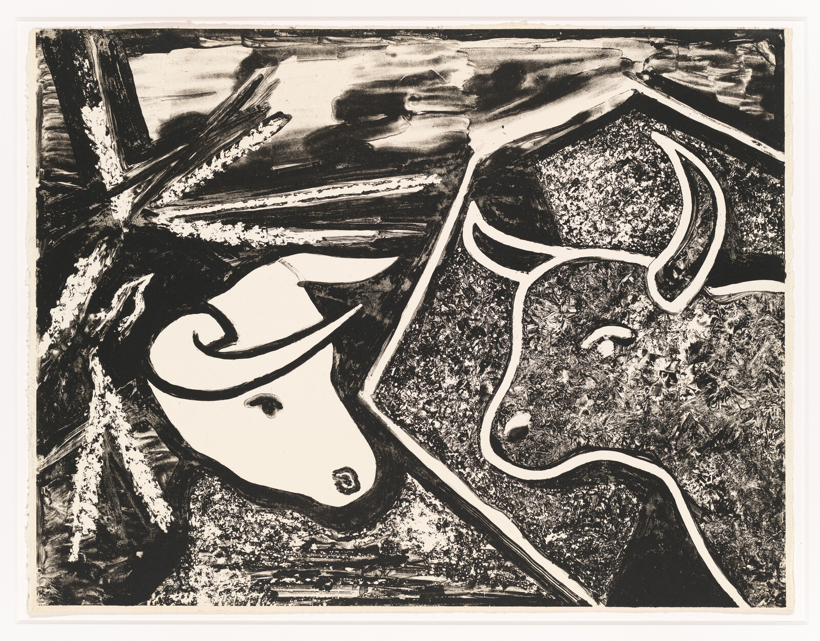 Two stylized bull heads face each other across a diagonal divider in black-and-white.