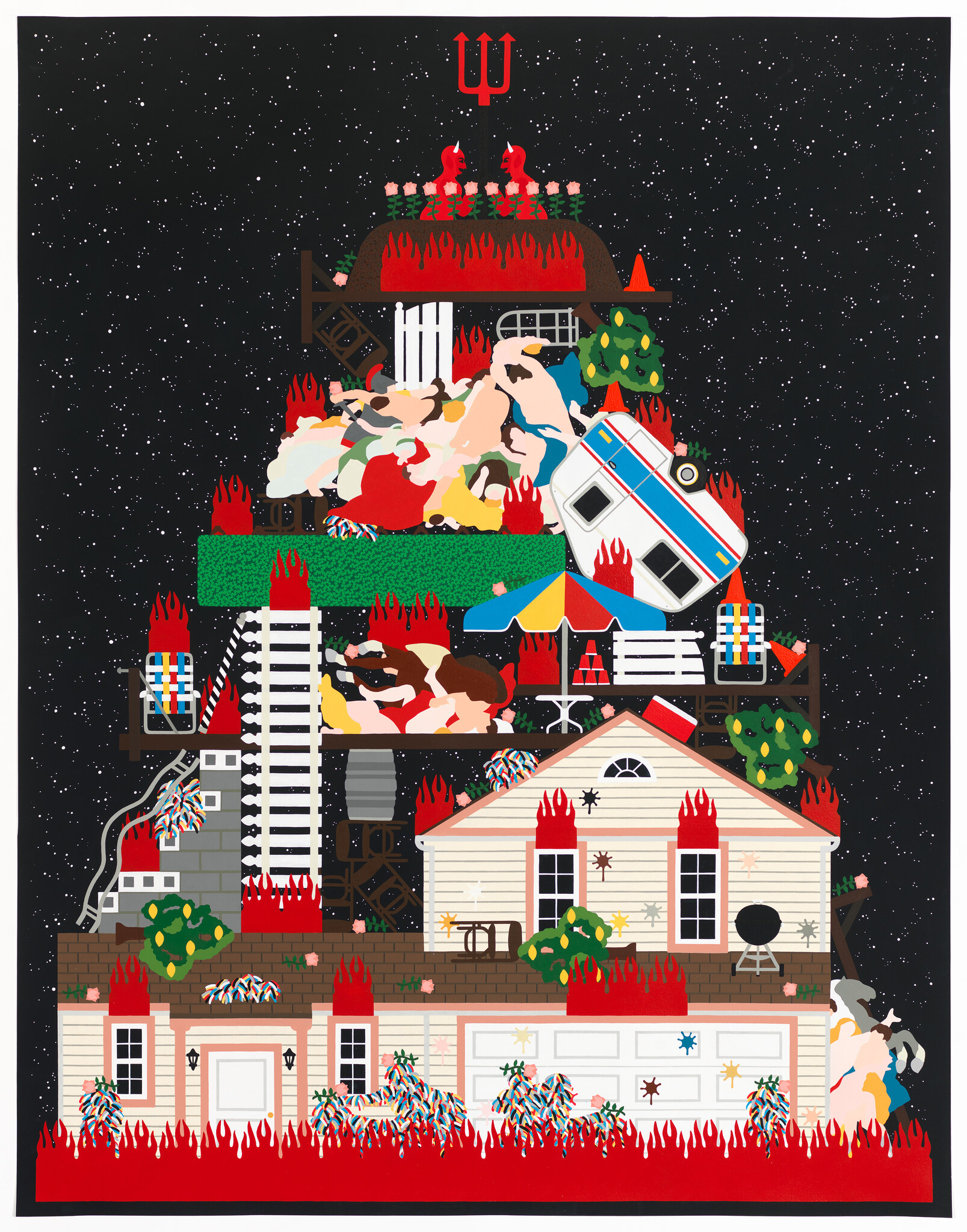 A multi-level suburban house and objects engulfed in stylized red flames against a starry sky.