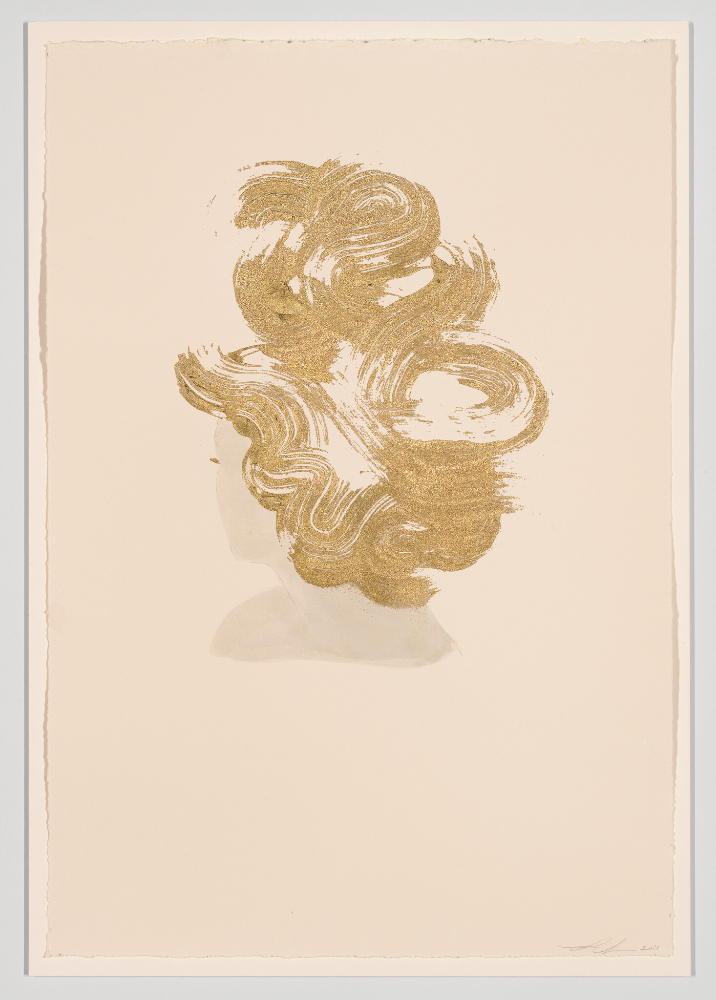 Silhouette of a woman's head with large textured gold brushstroke hair against cream background.