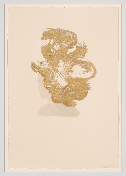 Silhouette of a woman's head with large textured gold brushstroke hair against cream background.