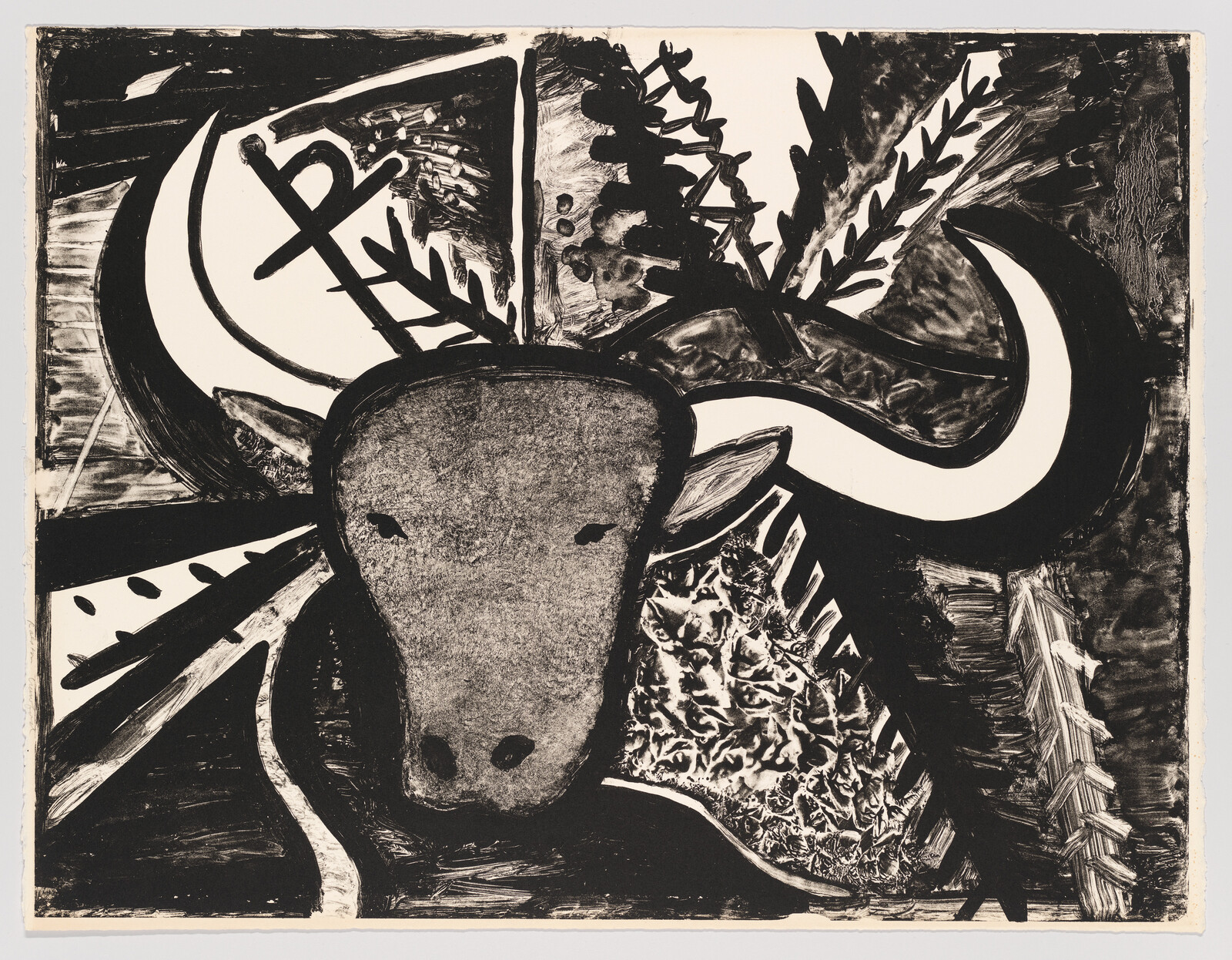 A bold black-and-white stylized bull head with large horns and decorative plants around it.