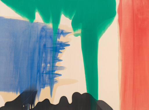 Bold abstract painting with green paint dripping down center, blue wash left, and red stripe right.