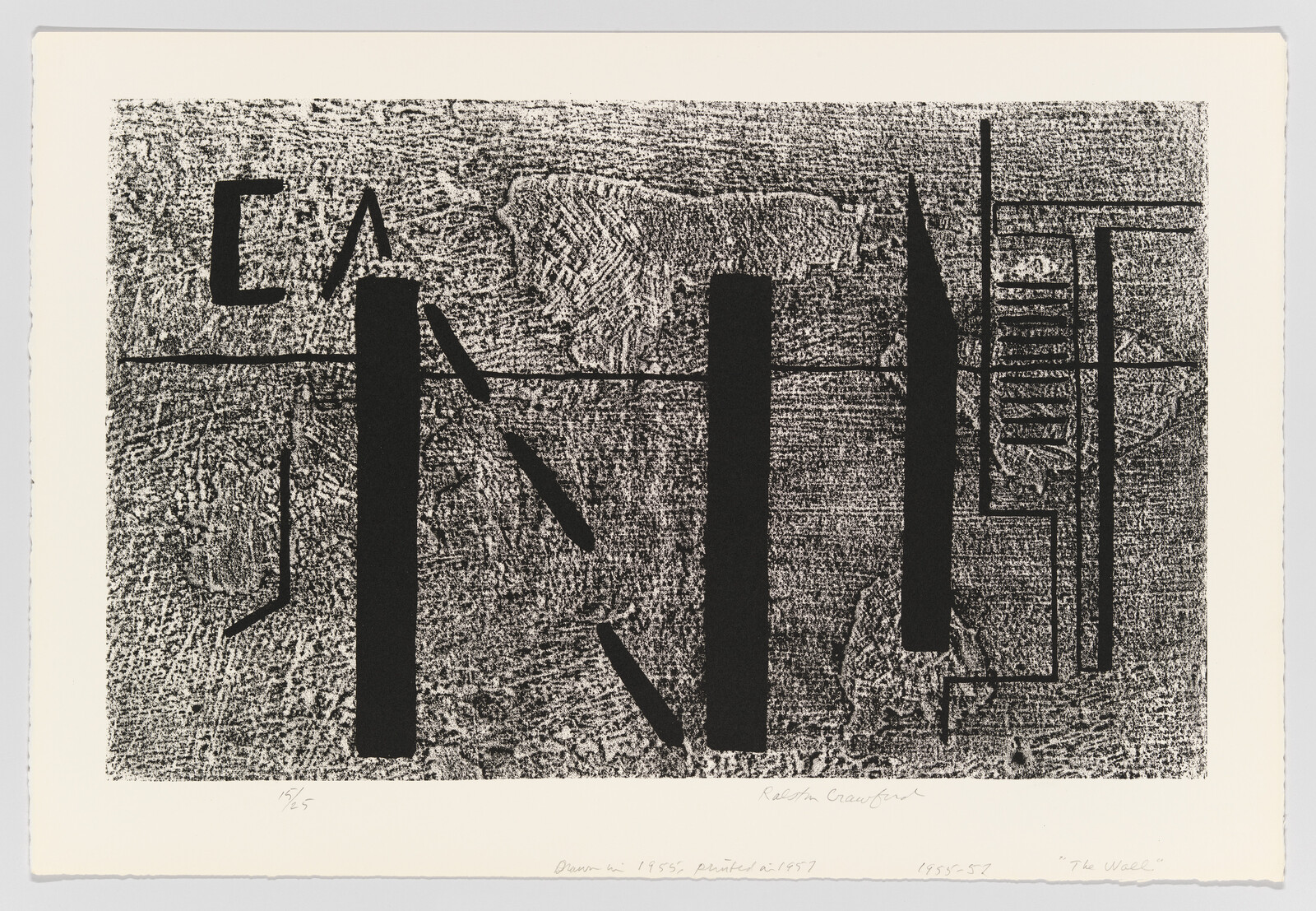 Black vertical shapes and angular lines contrast against a textured gray print background.