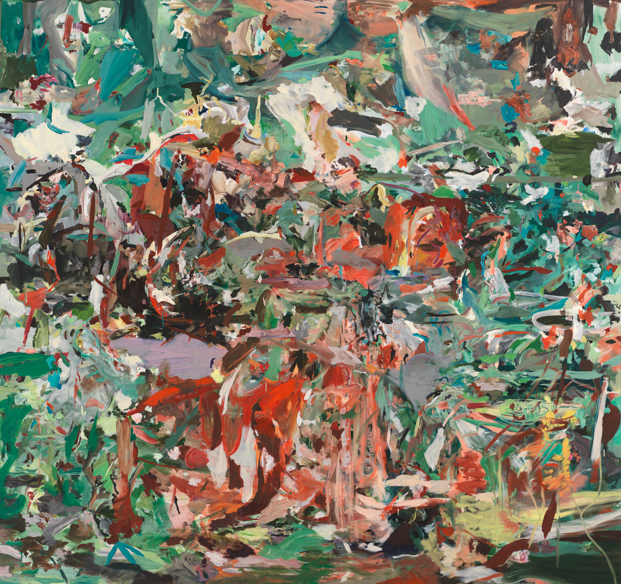 Chaotic abstract painting with bold red, green, and teal brushstrokes layered across the canvas.