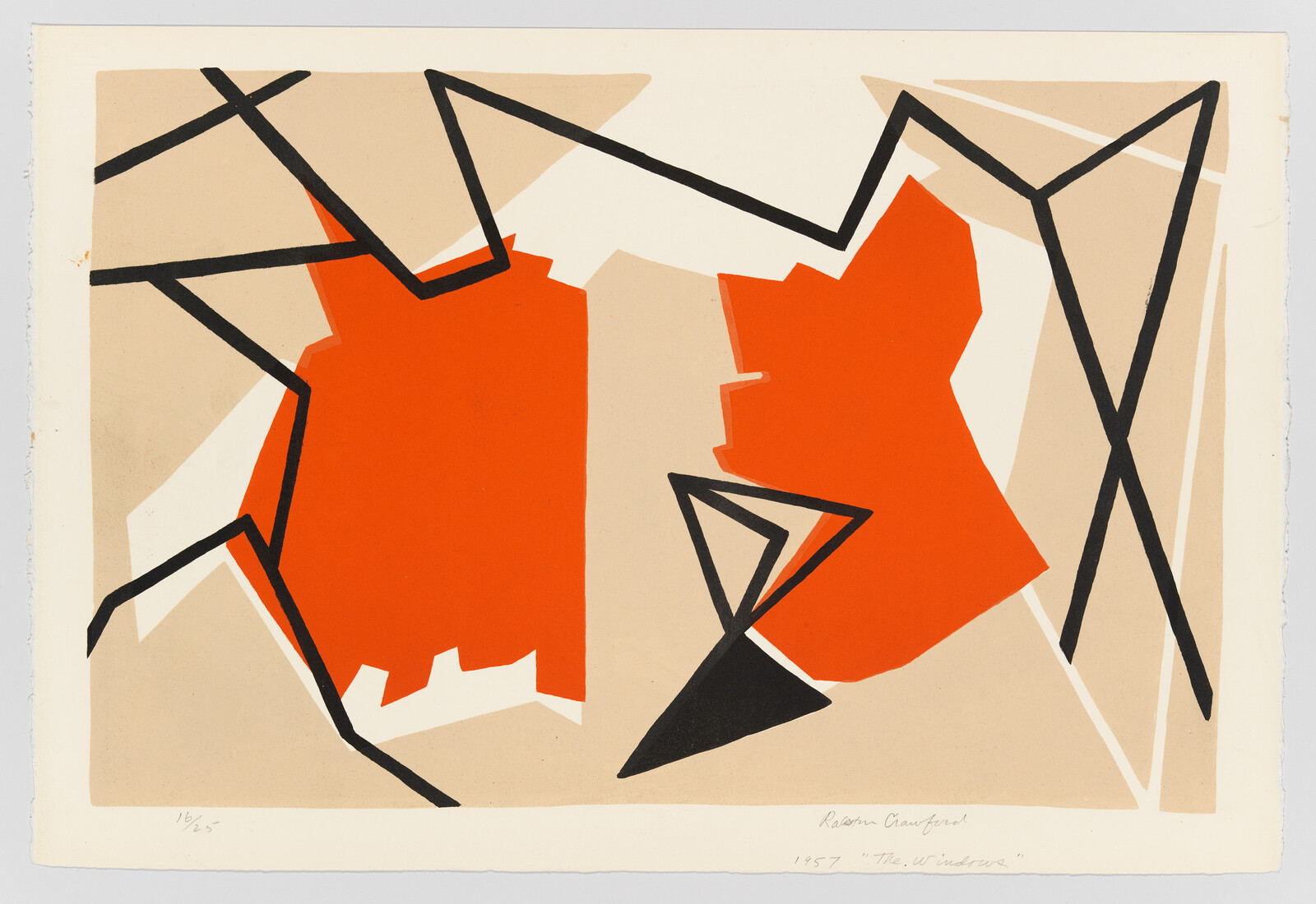 Two bold red shapes intersected by thick black angular lines against a beige background.