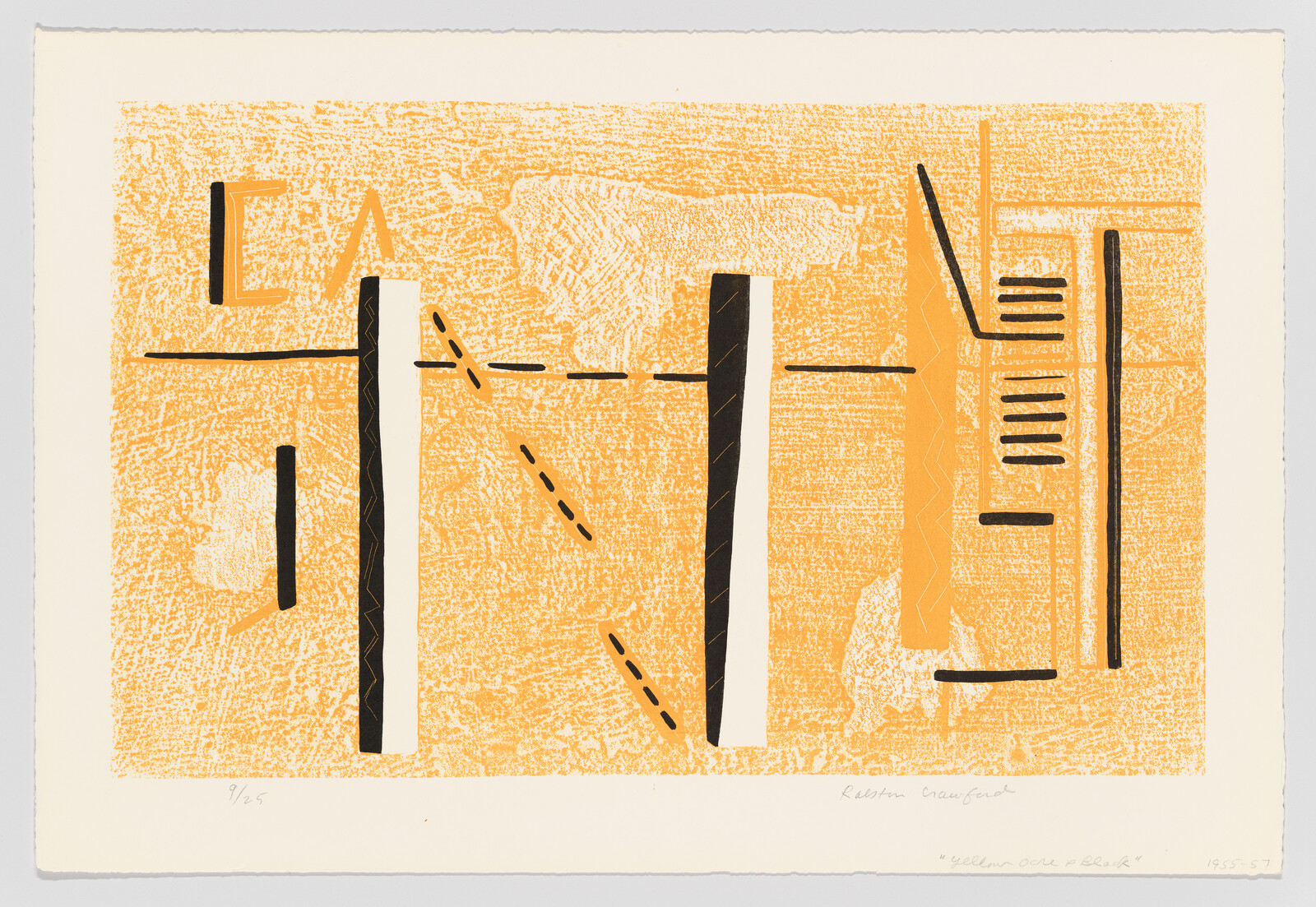 Abstract orange print with vertical black and white bars and dashed diagonal lines across center.