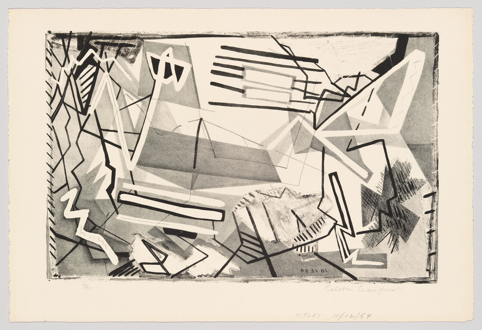 Abstract composition of overlapping geometric shapes, bold black lines, and textured gray shading.