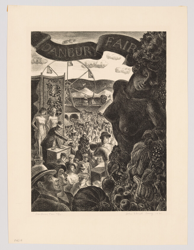 Crowded Danbury Fair scene with ferris wheel, vendors, and a large fruit-adorned female figure.