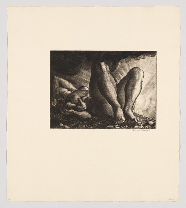 Two reclining nude figures with prominent legs and feet bathed in dramatic light.