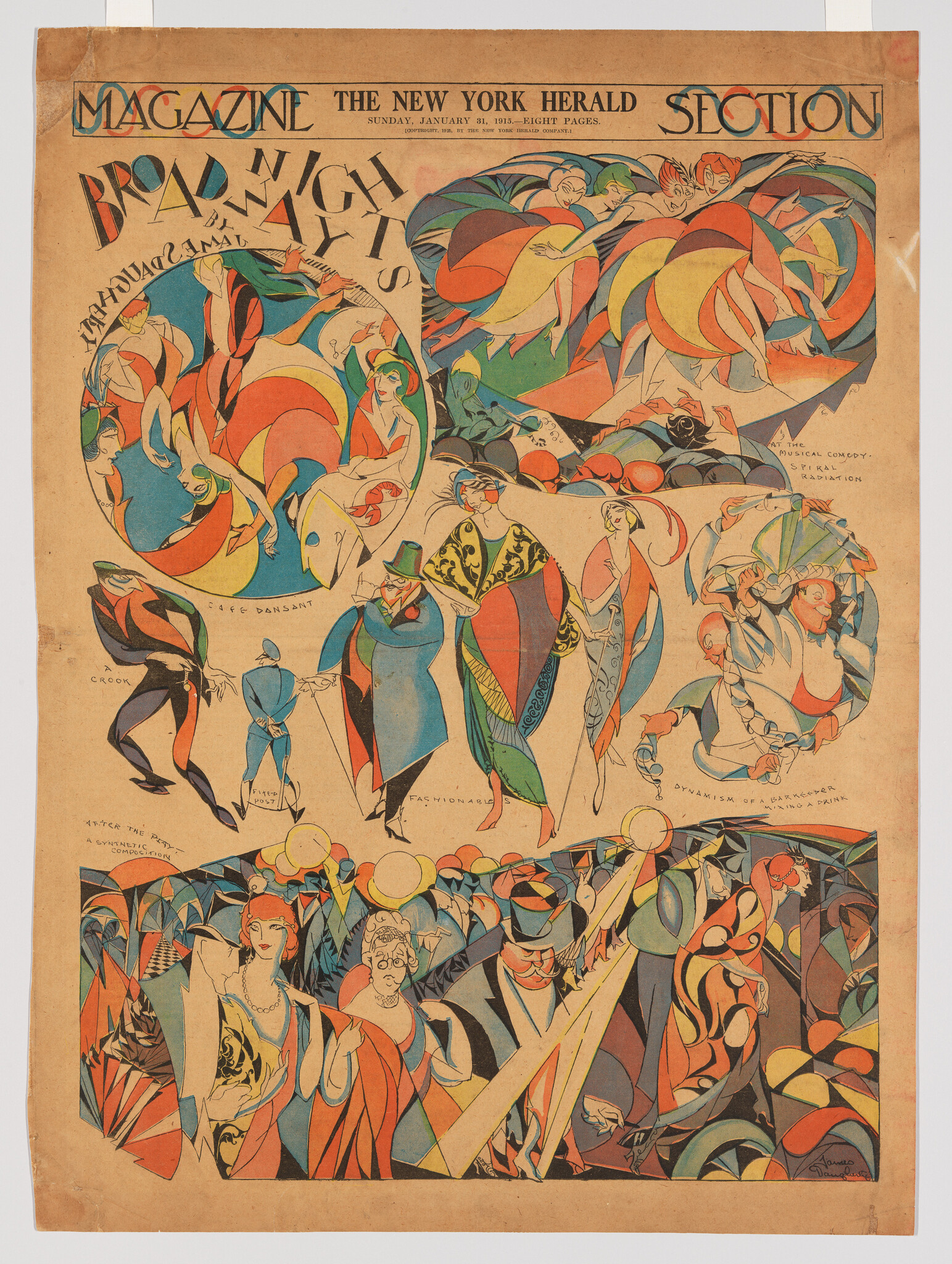 The New York Herald Magazine cover with colorful stylized dancers and theatrical scenes in Art Nouveau style.