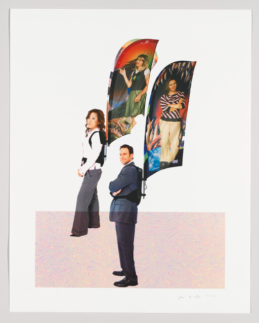 A man and woman wear advertising flag backpacks showing portraits of other women.