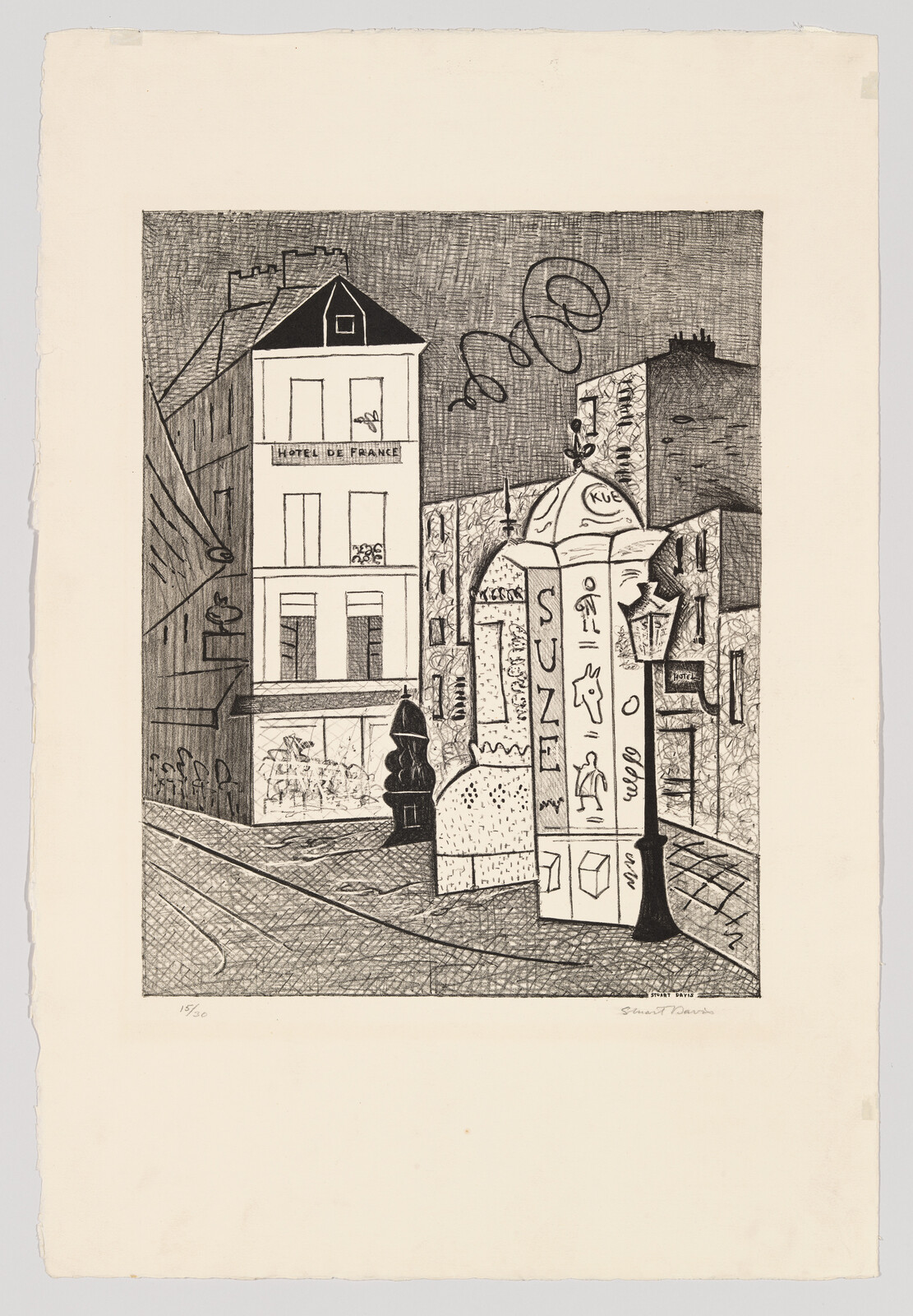 A quiet Paris street scene with a tall advertising kiosk and a building labeled Hotel de France.