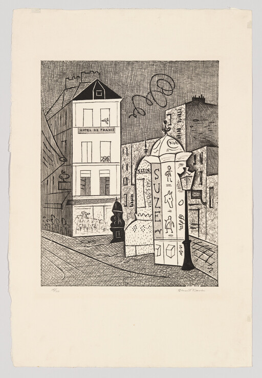 A quiet Paris street scene with a tall advertising kiosk and a building labeled Hotel de France.
