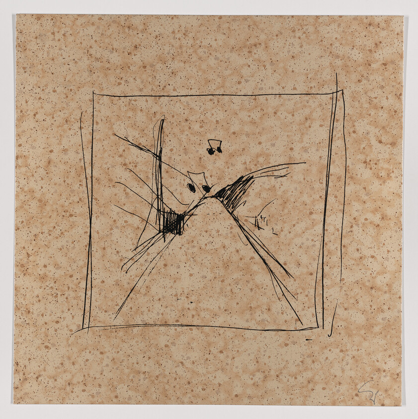 An abstract black ink drawing on a speckled tan paper featuring erratic lines and marks contained within a roughly drawn square border. Some areas within the drawing are more densely inked, creating a sense of depth and movement. The signature of the artist is visible at the bottom right corner outside the square.