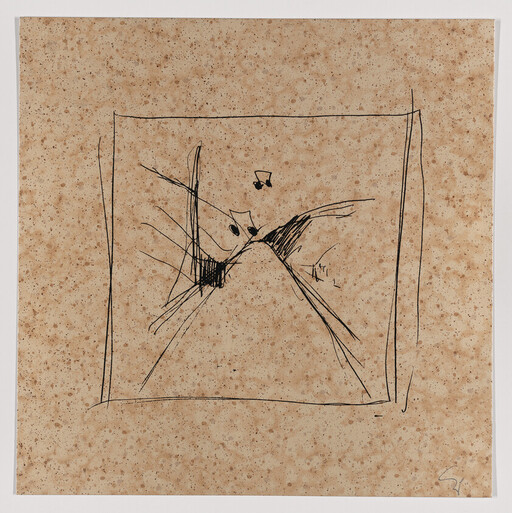 Abstract ink drawing of a triangular peak and intersecting lines on speckled paper framed by a square.
