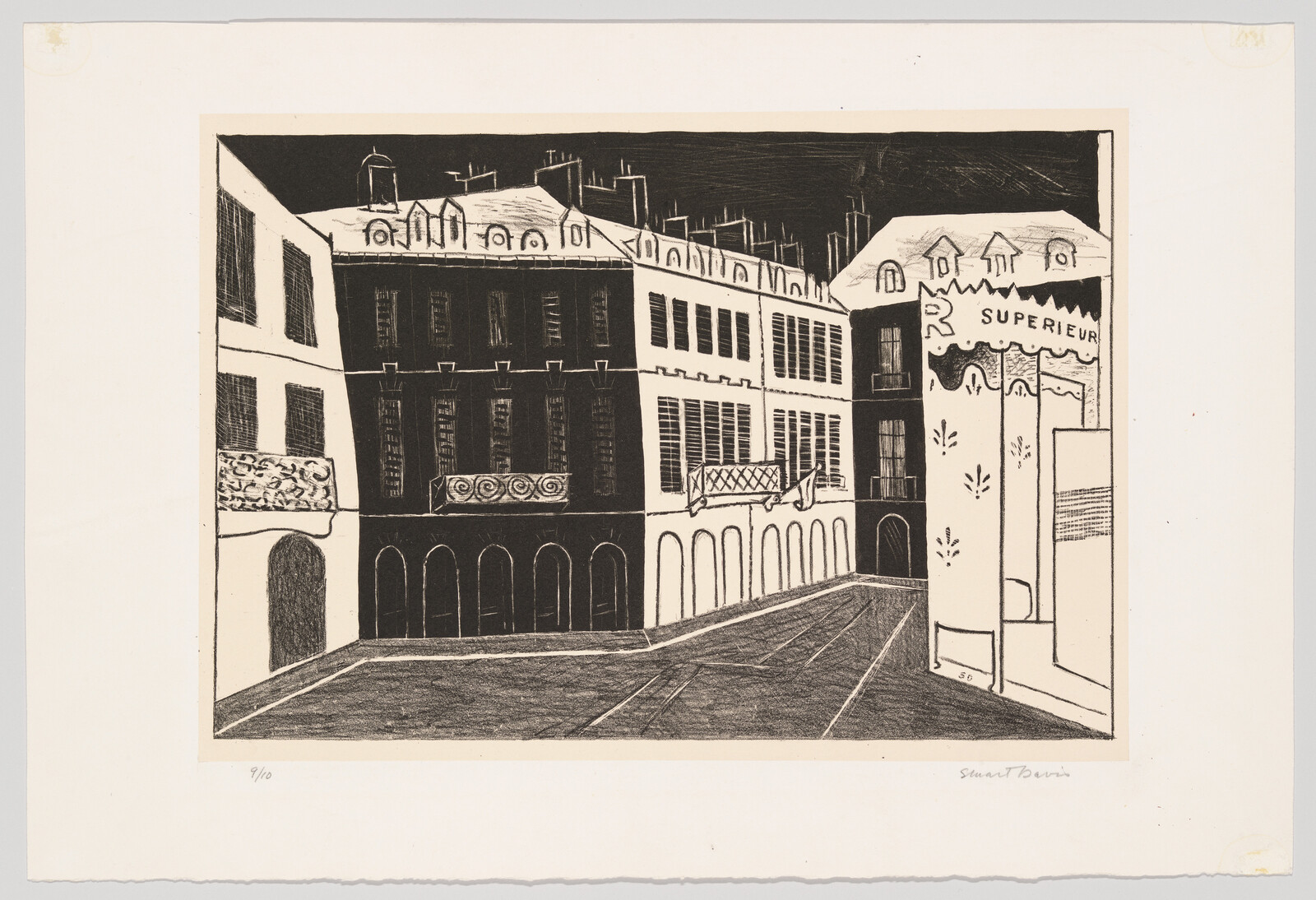 Empty street lined with tall French-style buildings and a shop awning reading "Superieur".