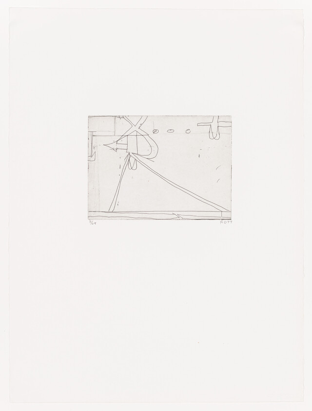 Small centered minimalist etching shows abstract intersecting lines, loops, and three small dots on white paper.