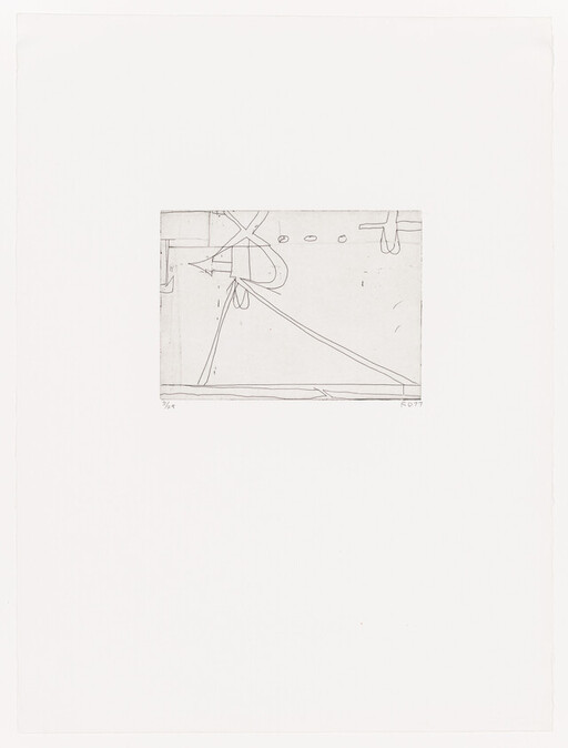 Small centered minimalist etching shows abstract intersecting lines, loops, and three small dots on white paper.