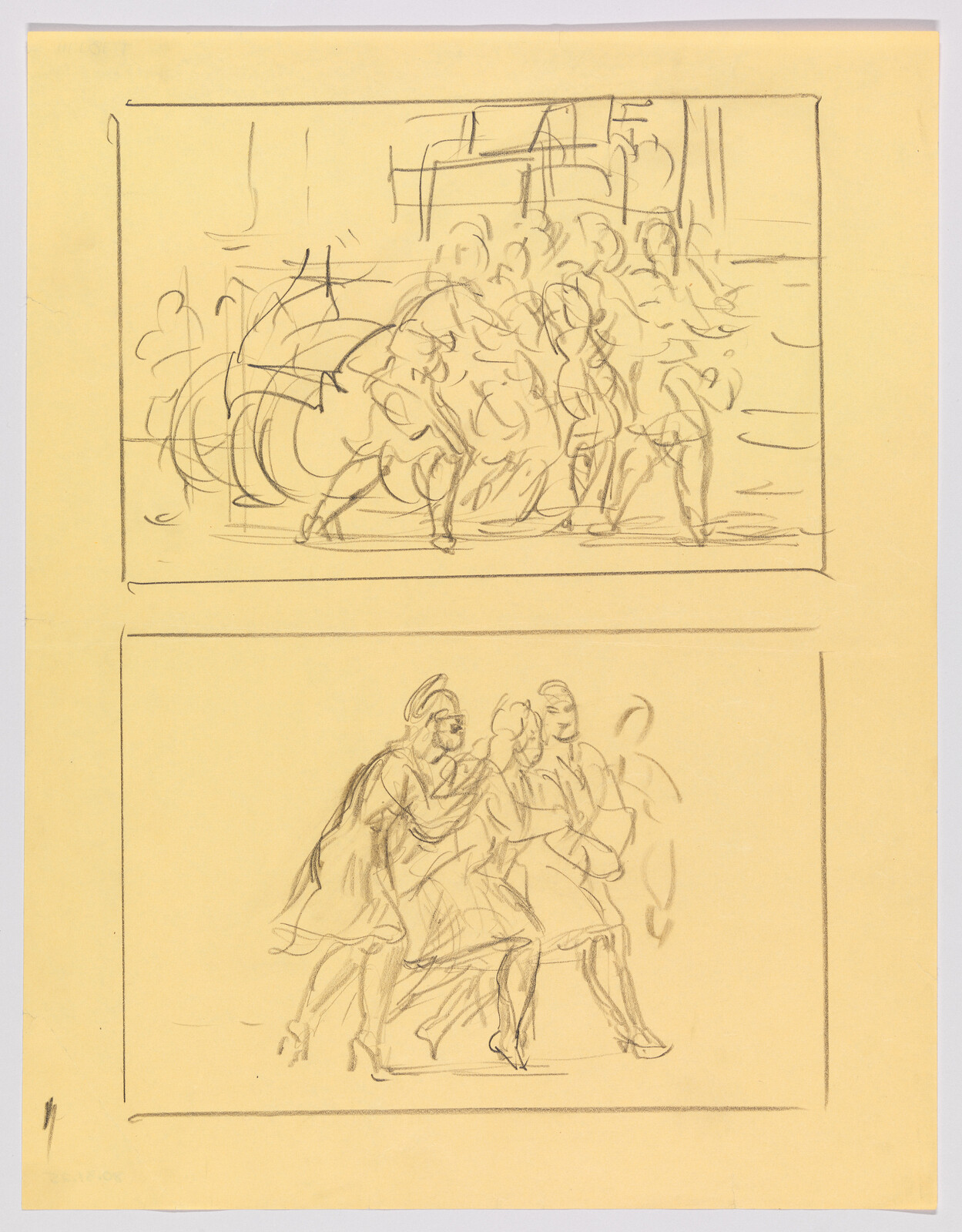 Two storyboard sketches showing groups of dancers moving together, one crowded scene and one trio linked.