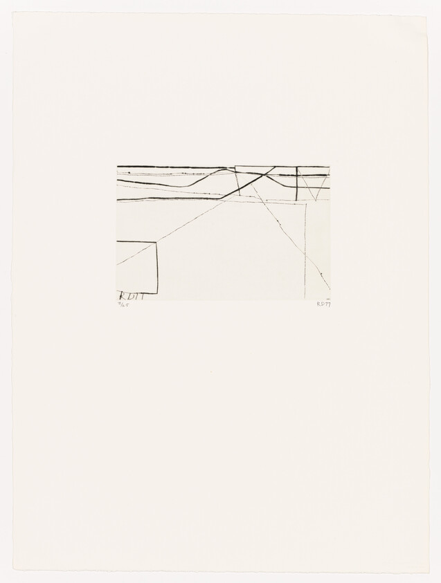 Small abstract drawing of intersecting thin black lines and a rectangle centered on a blank white page.