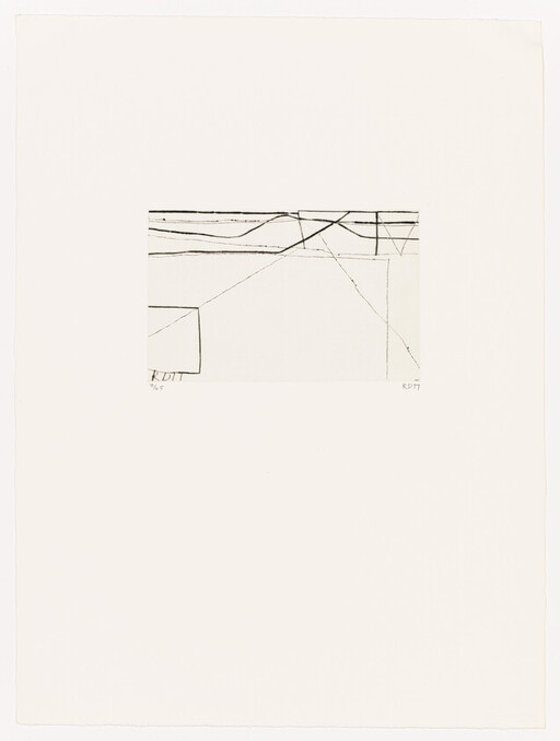 Small abstract drawing of intersecting thin black lines and a rectangle centered on a blank white page.