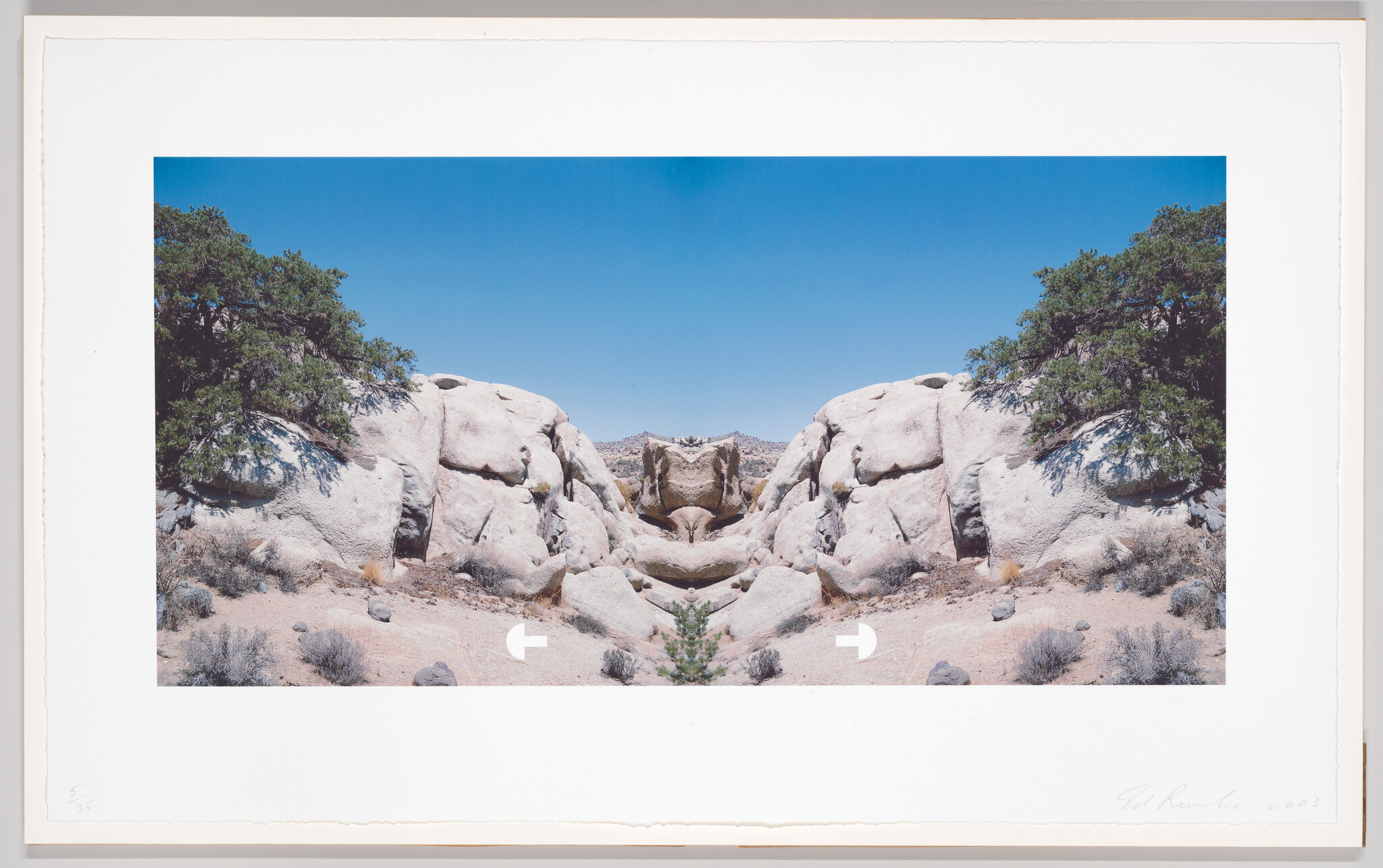 Symmetrical desert rock formation framed by trees with white arrows pointing inward.