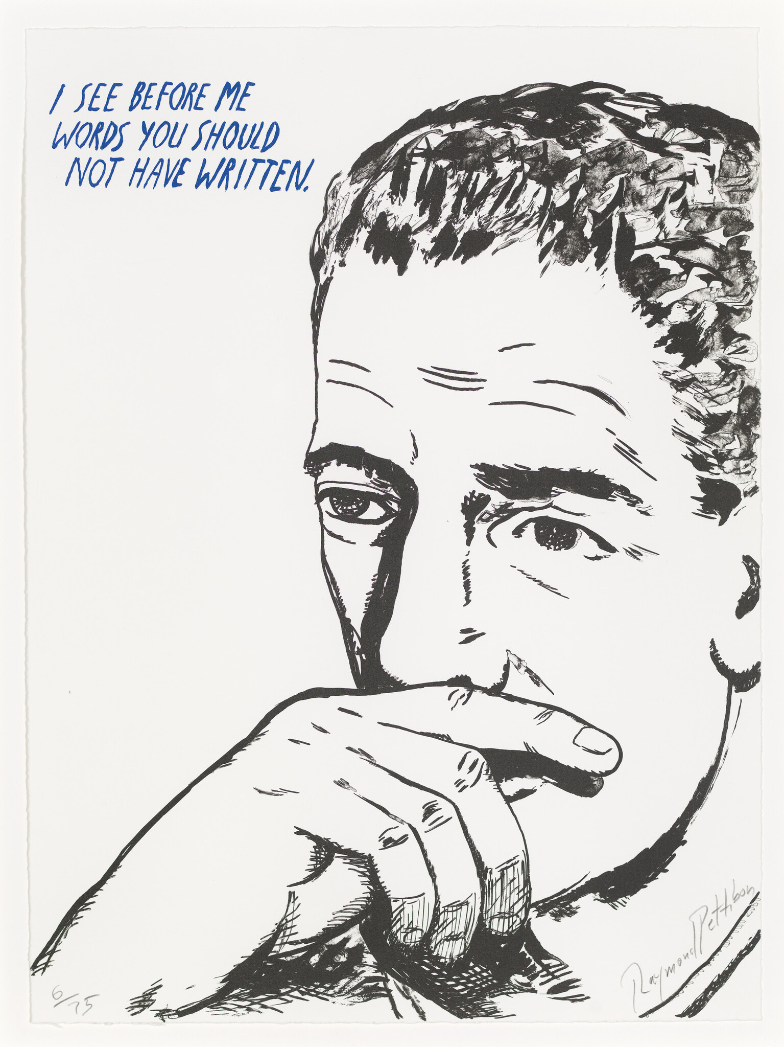 A pensive man covers his mouth with his hand while blue text warns against writing.