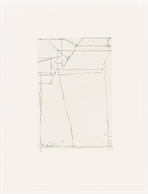 Delicate abstract pencil sketch of a thin rectangular frame with intersecting diagonal and vertical lines.