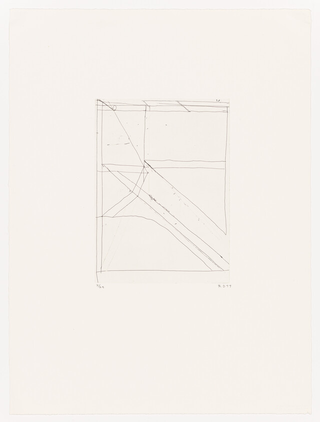 Minimal pencil sketch of a rectangular grid with diagonal lines and intersecting shapes.