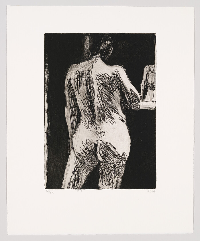 Nude figure seen from behind leaning on a shelf while looking into a small mirror.