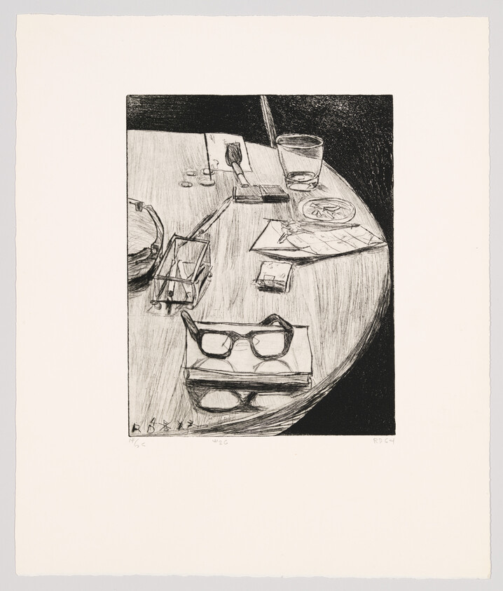 A round wooden table holds two pairs of eyeglasses, a glass, an ashtray, coins, and papers.