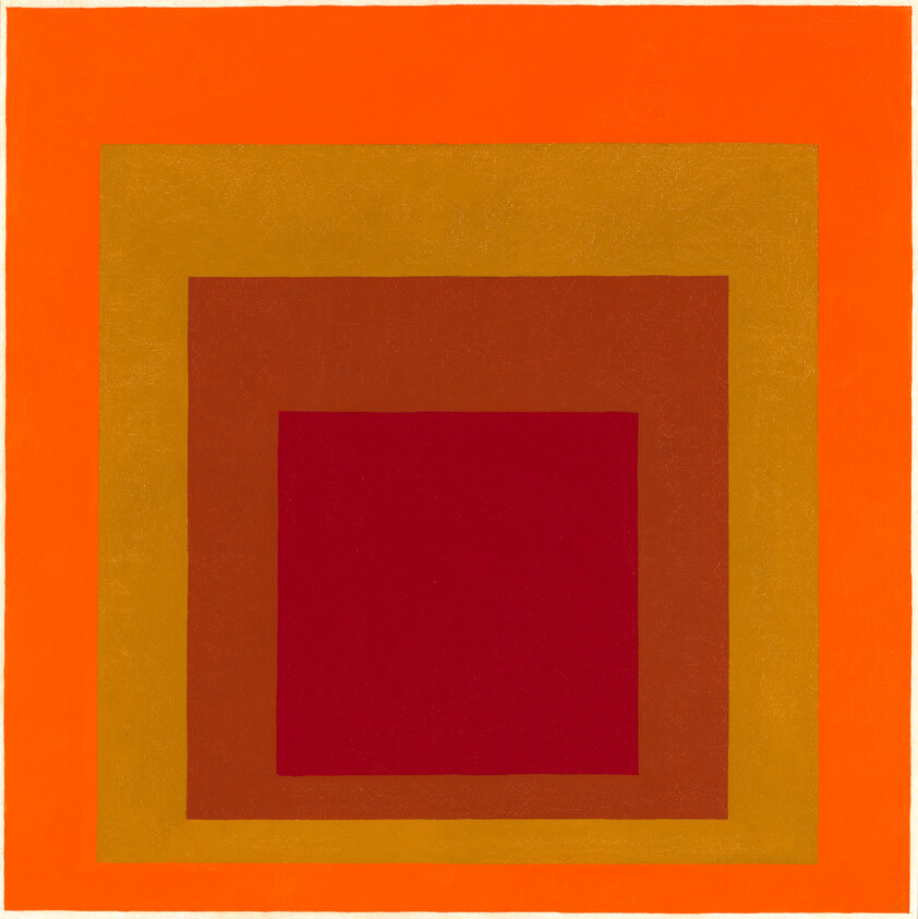 Concentric squares in bright orange, gold, brown, and deep red forming layered geometric shapes.